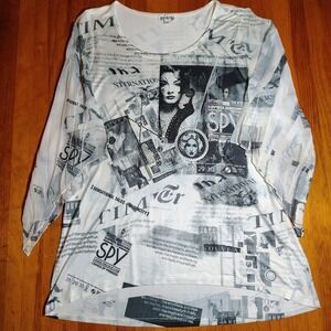 Paris Paris Women's Medium Black‎ White Newsprint Graphic Long Sleeve Top